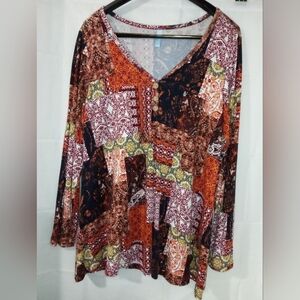 Awuliffan Women’s Size Large Vibrant Patchwork V-Neck Henley Blouse -Long Sleeve